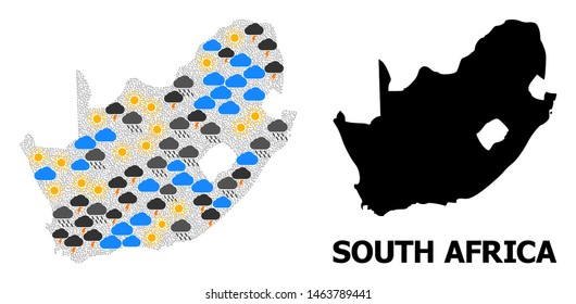 Weather mosaic vector map of South African Republic. Geographic mosaic map of South African Republic is organized with random rain, cloud, sun, thunderstorm items.