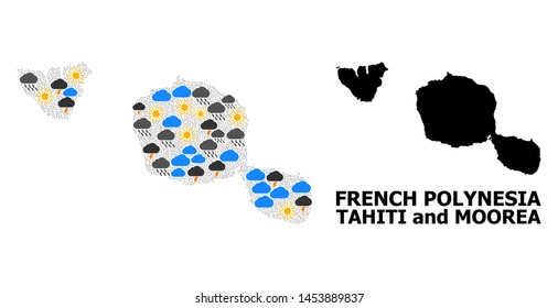 Weather mosaic vector map of Tahiti and Moorea islands. Geographic mosaic map of Tahiti and Moorea islands is combined from random rain, cloud, sun, thunderstorm items.
