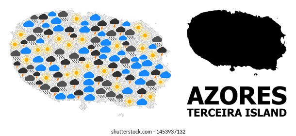 Weather mosaic vector map of Terceira Island. Geographic mosaic map of Terceira Island is created from randomized rain, cloud, sun, thunderstorm symbols.