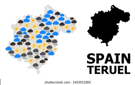 Weather mosaic vector map of Teruel Province. Geographic concept map of Teruel Province is designed from random rain, cloud, sun, thunderstorm items. Vector flat illustration for weather forecst.