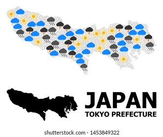 Weather mosaic vector map of Tokyo Prefecture. Geographic concept map of Tokyo Prefecture is constructed from scattered rain, cloud, sun, thunderstorm items. Vector flat illustration for weather news.