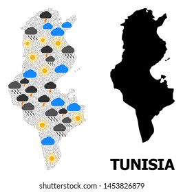 Weather mosaic vector map of Tunisia. Geographic collage map of Tunisia is composed with scattered rain, cloud, sun, thunderstorm icons. Vector flat illustration for weather news.