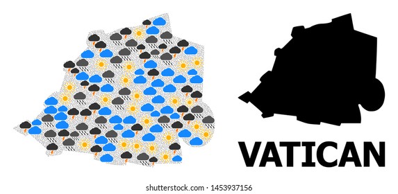 Weather mosaic vector map of Vatican. Geographic concept map of Vatican is composed from randomized rain, cloud, sun, thunderstorm items. Vector flat illustration for weather news.