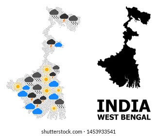 Weather mosaic vector map of West Bengal State. Geographic mosaic map of West Bengal State is organized with randomized rain, cloud, sun, thunderstorm symbols.