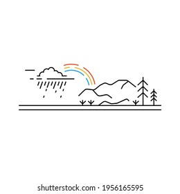 Weather in the mountains. Rain cloud and rainbow outline. Line art concept landscape view.  Vector illustration on white background