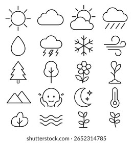 Tempo, Natureza e Meio Ambiente: Uma Coleção de Ícones Delineados, Conjunto de Pictogramas de Linha Fina Ambientalmente Temáticos