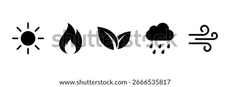 Weather and nature icon set. Nature elements leaf, fire, air, sun, and cloud line icon set. Environment sign. Vector illustration
