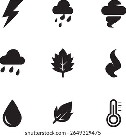 Weather and Nature Icons Set. Black Climate, Storm, and Eco Symbol Collection