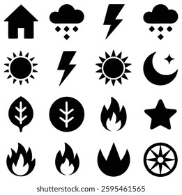 Weather and Nature Icons Set: Sun, Rain, Lightning, Fire, Leaf, and Star Symbols