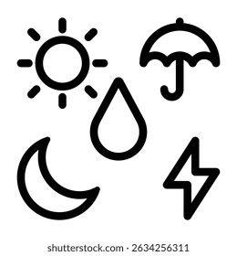 Weather and Nature Icons, Sun, Rain, Moon, Lightning, Umbrella Vector Pack.