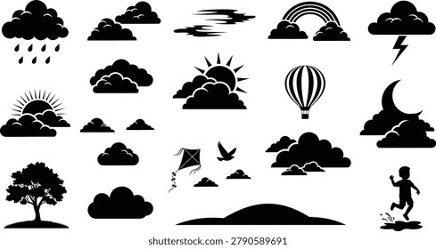 Weather nature silhouette collection with clouds rain sun trees children