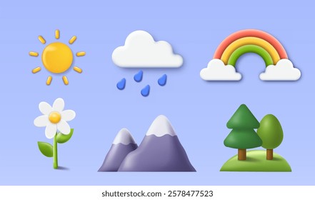 Weather and nature-themed flat icons featuring the sun, rain, rainbow, flower, mountains, and trees on a blue background. Concept of nature and weather. Vector illustration.