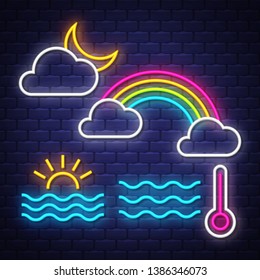Weather neon signs collection.  Weather signs. Neon signs. Vector