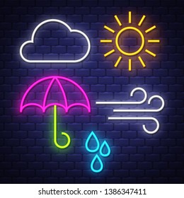 Weather neon signs collection.  Weather signs. Neon signs. Vector