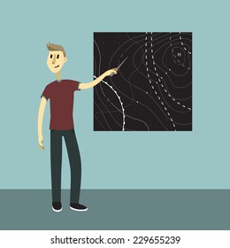 Weather news reporter at work. Vector illustration. Young man show the weather map.