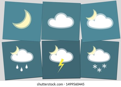 Weather night icon Moon cloud rain lightning snow night simple isolated on blue background Icon symbol lunar cloudy rainy snowy weather Set Flat design element meteo weather night icon Vector