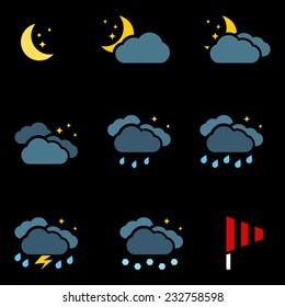 Weather at night icons set colour simple symbols isolated on black background. Vector illustration