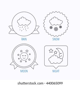 Weather, night and rain icons. Moon night and snow linear signs. Award medal, star label and speech bubble designs. Vector