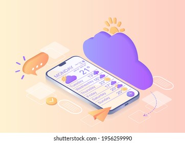 Weather notification. Digital communication. Instant messenger,  notification mobile smartphone and laptop for chatting in social media. Process, classification, database. Landing page, template, web