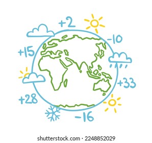 Weather on planet earth. Global warming. Temperature weather forecast. Vector sketch hand drawn.