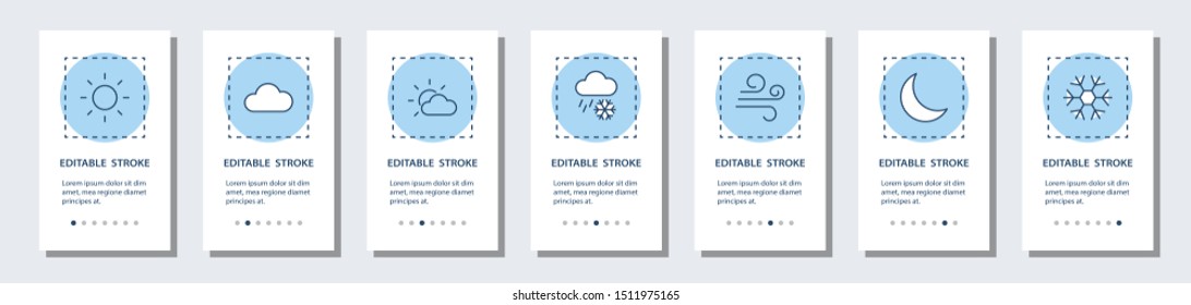 Weather Onboarding Mobile app Page Screen with Linear Concepts. Sun, Clouds, Snowflakes, Wind, Rainbow, Moon and much more. Steps Graphic Instructions. UX, UI, GUI Vector Template with illustrations