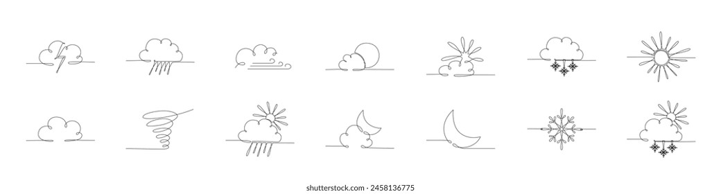 Weather one single line symbols set. Continuous editable stroke hand drawn line. Vector stock illustration isolated on white background for design template travel blog, meteorology forecast. EPS 10 
