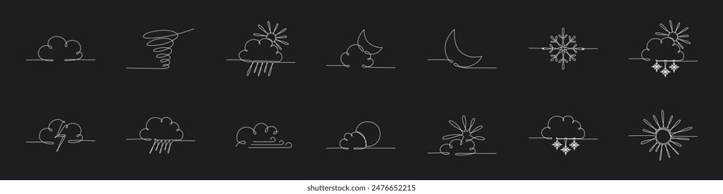 Weather one single line symbols banner set. Continuous editable stroke hand drawn line. Vector stock illustration isolated on black background for design travel blog, meteorology forecast. EPS 10 