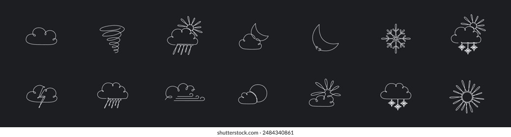 Weather one single line symbols set. Continuous editable stroke hand drawn line. Vector stock illustration isolated on black chalkboard background for design travel blog, meteorology forecast. EPS 10 
