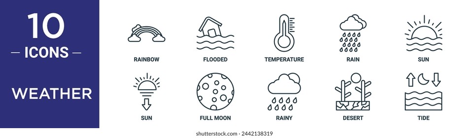 conjunto de iconos de contorno del tiempo incluye arco iris de línea fina, inundado, temperatura, lluvia, sol, sol, iconos de luna llena para informe, presentación, diagrama, diseño web