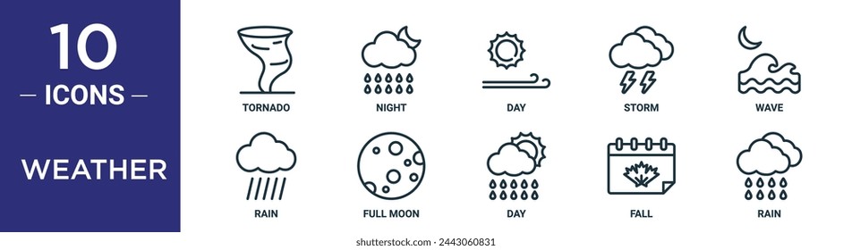 weather outline icon set includes thin line tornado, night, day, storm, wave, rain, full moon icons for report, presentation, diagram, web design