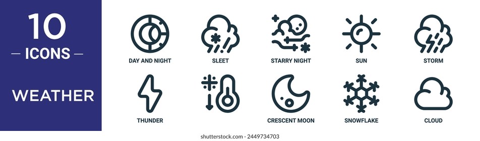 weather outline icon set includes thin line day and night, sleet, starry night, sun, storm, thunder,   icons for report, presentation, diagram, web design