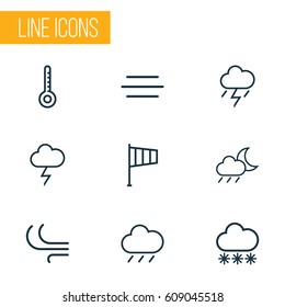 Weather Outlines Set. Collection Of Breeze, Windsock, Snow And Other Elements. Also Includes Symbols Such As Breeze, Thermometer, Flag.