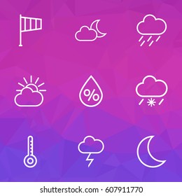 Weather Outlines Set. Collection Of Cloud Sky, Moon, Windsock And Other Elements. Also Includes Symbols Such As Thermostat, Wind, Moonshine.