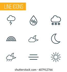 Weather Outlines Set. Collection Of Night, Rainstorm, Rainbow And Other Elements. Also Includes Symbols Such As Stormy, Humidity, Moonshine.