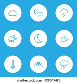 Weather Outlines Set. Collection Of Temperature, Cloud, Breeze And Other Elements. Also Includes Symbols Such As Thunderstorm, Blizzard, Night.