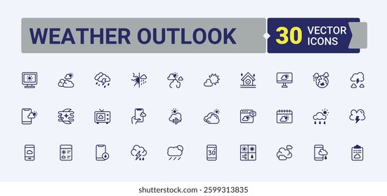 Weather Outlook icon. Contains outline symbols like sunny, sun, cloud, rain, climate and more. Weather Forecast icon collection. Sign and Symbol. Vector line and solid icons.