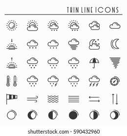 Weather pack line icons set. Meteorology. Weather forecast trendy design elements. Template for mobile app, web and widgets.Vector style linear icons. Isolated illustration. Symbols. Black and white.