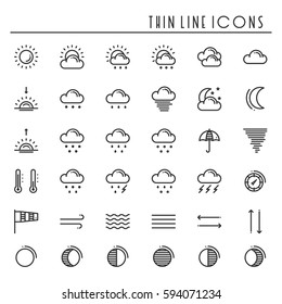 Weather pack line icons set. Meteorology. Weather forecast design elements. Template for mobile app, web and widgets.Vector style linear icons. Isolated illustration. Symbols. Black and white.