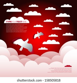 Weather paper background - Red sky with clouds and birds - vector illustration