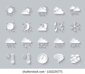 Weather paper cut art icons set. Web sign kit of meteorology. Climate pictogram collection includes barometer, cloud, drizzle. Simple weather vector carved icon shape. Material design symbol