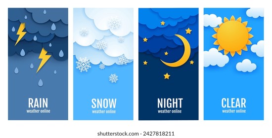 Banners de corte de papel del tiempo con la lluvia y el sol, la nieve y las nubes, el fondo del vector. Pronóstico del tiempo con cielo nocturno y diurno para invierno y verano para widget web o aplicación del tiempo en papel plano