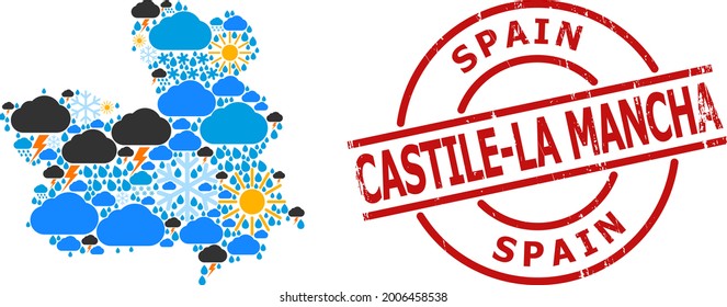 Wettermuster Karte der Provinz Kastilien-La Mancha und grunge rote runde Robbe. Geographische Vektorstrukturkarte der Provinz Kastilien-La Mancha wird aus randomisierten Regen, Wolken, Sonne,