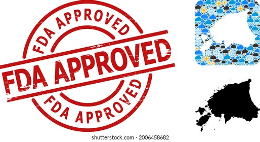 Weather pattern map of Estonia, and rubber red round FDA Approved badge. Geographic vector collage map of Estonia is done as hole from rounded square and randomized rain, cloud, sun,