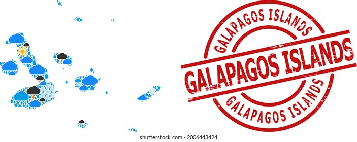 Weather pattern map of Galapagos Islands, and distress red round stamp. Geographic vector concept map of Galapagos Islands is designed from random rain, cloud, sun, thunderstorm.