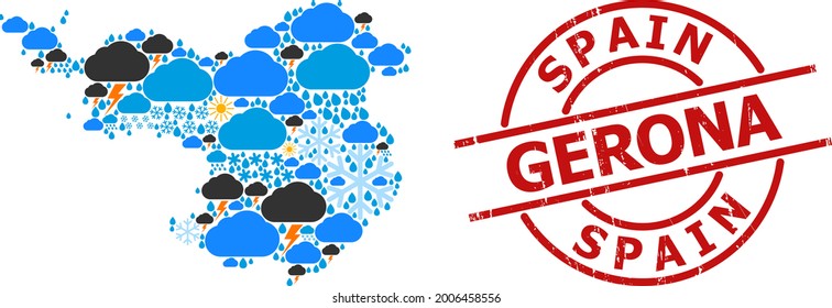 Weather pattern map of Gerona Province, and grunge red round stamp seal. Geographic vector collage map of Gerona Province is done with random rain, cloud, sun, thunderstorm items.