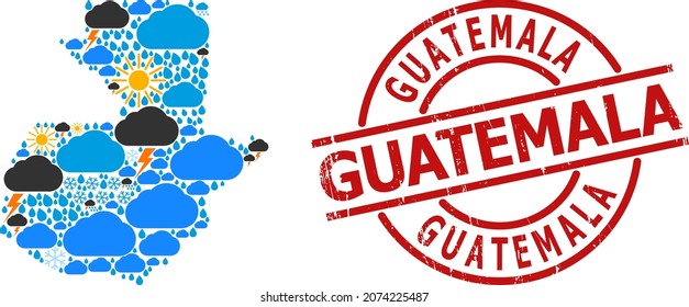 Wettermuster-Karte von Guatemala und grunge rote runde Robbe. Geographische Vektorgrafik von Guatemala wird aus zufälligen Regen-, Wolke-, Sonne- und Gewittersymbolen erstellt.