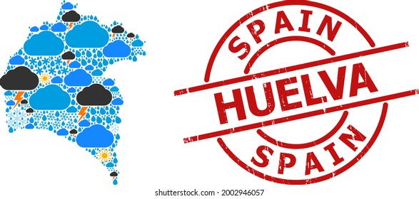 Weather pattern map of Huelva Province, and scratched red round stamp. Geographic vector mosaic map of Huelva Province is constructed with random rain, cloud, sun, thunderstorm icons.