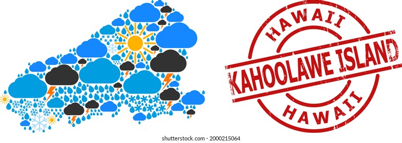 Weather pattern map of Kahoolawe Island, and textured red round stamp seal. Geographic vector composition map of Kahoolawe Island is designed from randomized rain, cloud, sun, thunderstorm items.