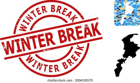 Weather pattern map of Khyber Pakhtunkhwa Province, and distress red round Winter Break seal.