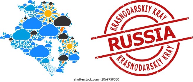 Weather pattern map of Krasnodarskiy Kray, and distress red round stamp seal. Geographic vector collage map of Krasnodarskiy Kray is done with randomized rain, cloud, sun, thunderstorm icons.